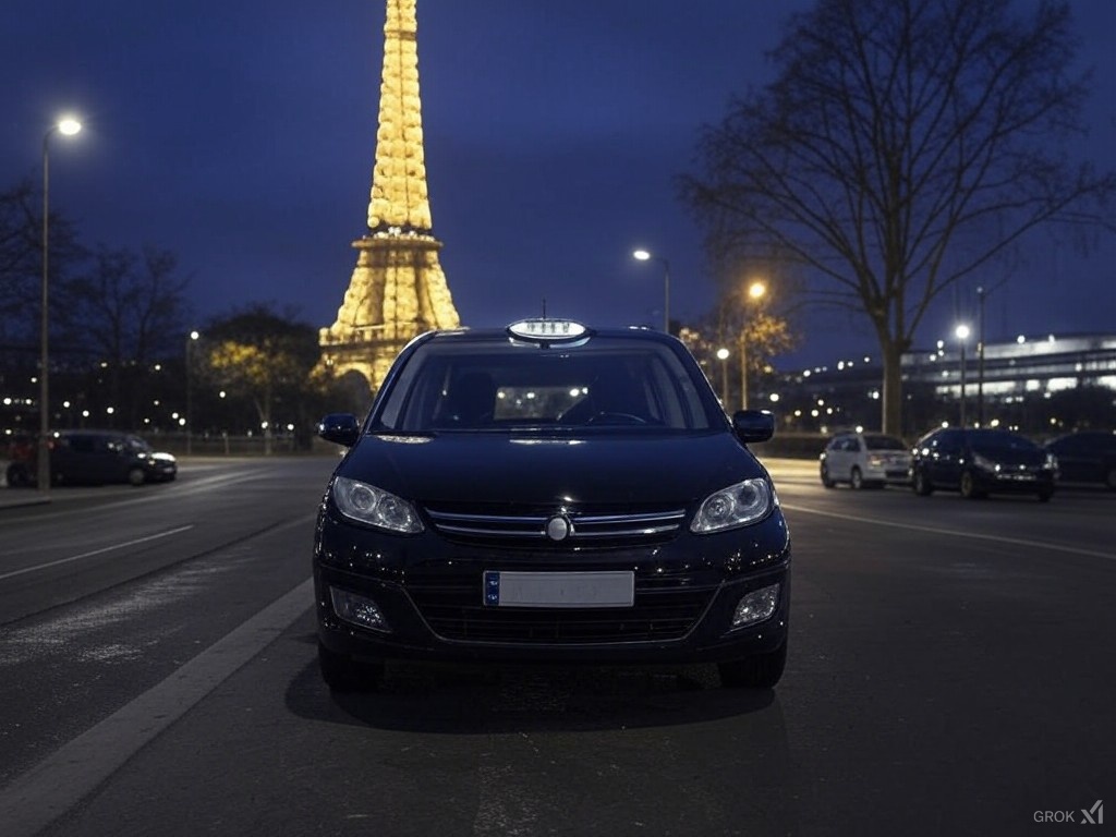Taxi parisien aligné devant la Tour Eiffel, prêt à accueillir les passagers.